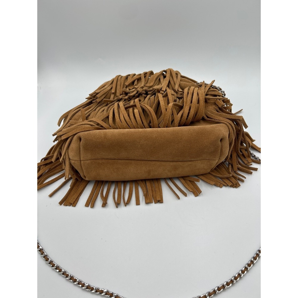 Tory Burch Mini Fleming Suede Fringe Hobo Bag Wild Tobacco Brown Silver Chain - Picture 6 of 11